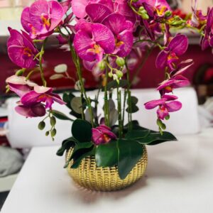 Luxurious Purple Orchid Bloom in Gold Designer Pot | Artificial Flowers Kigali – Home & Gift Decor