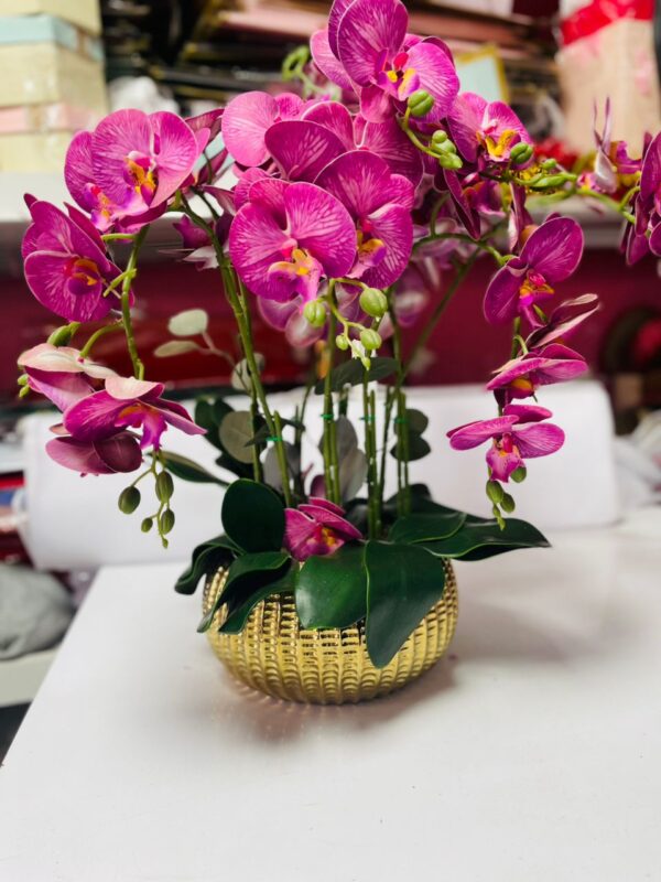 Luxurious Purple Orchid Bloom in Gold Designer Pot | Artificial Flowers Kigali – Home & Gift Decor
