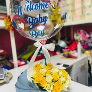 Welcome Baby Boy Gift – Blue Box with Yellow & White Roses + Custom Balloon | Kigali Flower Delivery