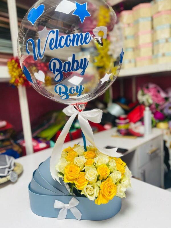 Welcome Baby Boy Gift – Blue Box with Yellow & White Roses + Custom Balloon | Kigali Flower Delivery