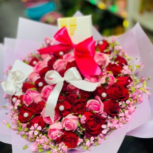 Luxe Romance – Pink & Red Rose Bouquet with Pearl Accents | Kigali Flower Delivery