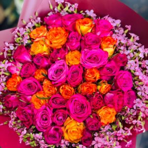 Flame Passion – Mixed Orange & Hot Pink Rose Bouquet | Kigali Flower Delivery