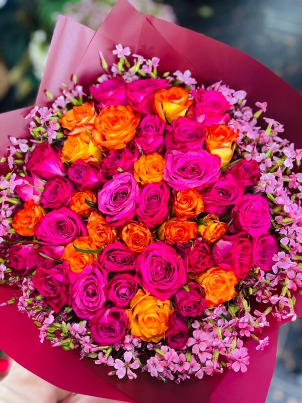 Flame Passion – Mixed Orange & Hot Pink Rose Bouquet | Kigali Flower Delivery