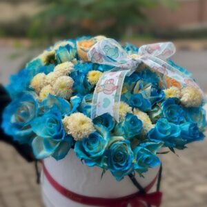 Blue Teddy Bloom – Baby Boy Flower Box with Blue Roses