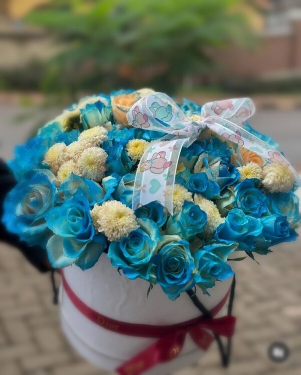 Blue Teddy Bloom – Baby Boy Flower Box with Blue Roses