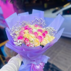 Pastel Romance Bouquet – Mixed Roses with Baby’s Breath | Kigali Flower Delivery