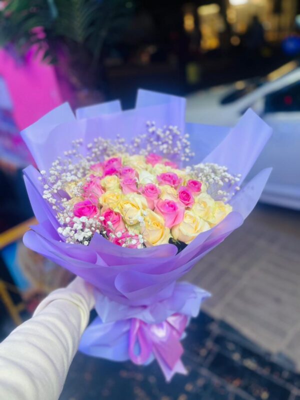 Pastel Romance Bouquet – Mixed Roses with Baby’s Breath | Kigali Flower Delivery