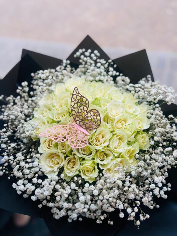 Butterfly Elegance – White Rose & Baby’s Breath Bouquet | Kigali Flower Delivery
