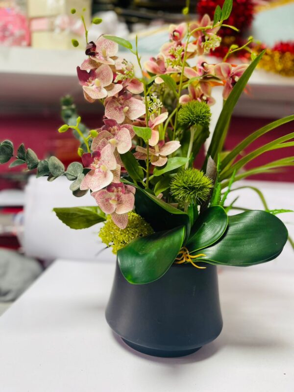 Luxury Artificial Orchid & Greenery Arrangement in Black Vase | Elegant Flower Decoration Kigali