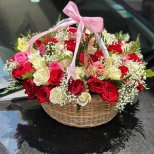 Royal Romance Basket – Mixed Rose Flower Basket in Kigali
