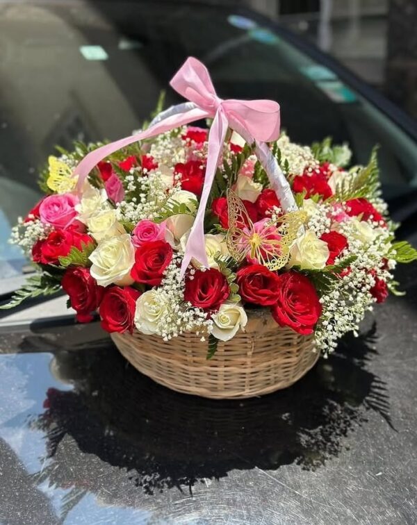 Royal Romance Basket – Mixed Rose Flower Basket in Kigali