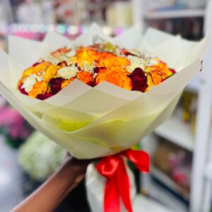 Royal Kigali Rose Bouquet – Orange, Red & White Elegance