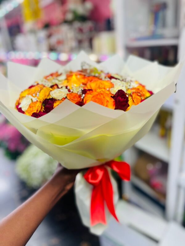 Royal Kigali Rose Bouquet – Orange, Red & White Elegance - Image 2
