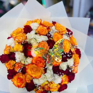 Royal Kigali Rose Bouquet – Orange, Red & White Elegance