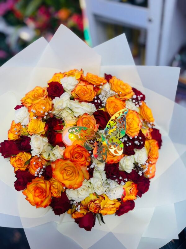 Royal Kigali Rose Bouquet – Orange, Red & White Elegance