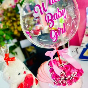 Welcome Baby Girl Gift Set – Pink Rose Flower Box with Balloon & Teddy Bear | Kigali Flower Delivery