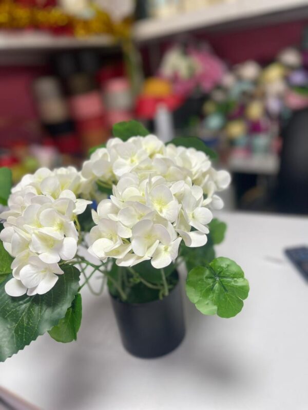 Premium Artificial White Hydrangea Bouquet in Black Ceramic Pot – Elegant Décor for Home & Office | Kigali Flower Delivery